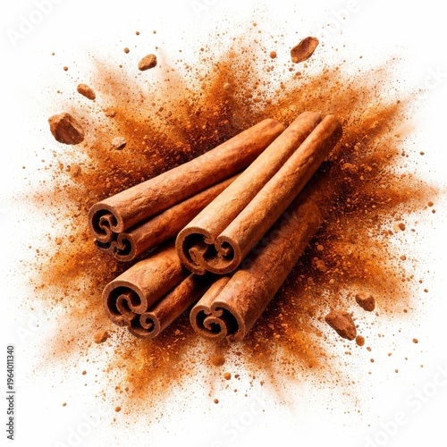 Dynamic explosion of cinnamon powder with cinnamon sticks, aromatic spice burst isolated on white background, 3D realistic illustration.