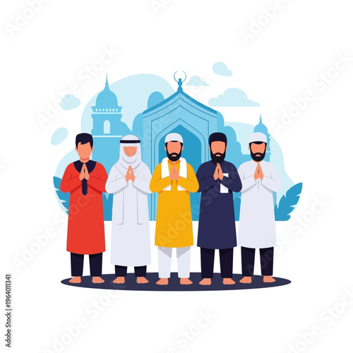 Joyful Diverse Muslim Community Celebrating Eid al-Adha Together with Traditional Greetings and Unity