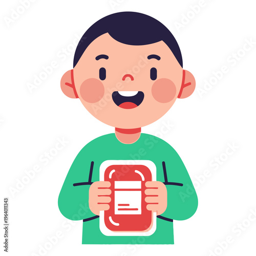 Smiling boy holding a blood donation pack, embodying the spirit of giving during Eid al-Adha