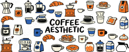 Hand drawn doodle sketch coffee clipart. Vintage brush or crayon drawn coffee cup, french press, and filter. Italian brunch and breakfast sketch ink illustration. Pastel colored Italian style clipart.