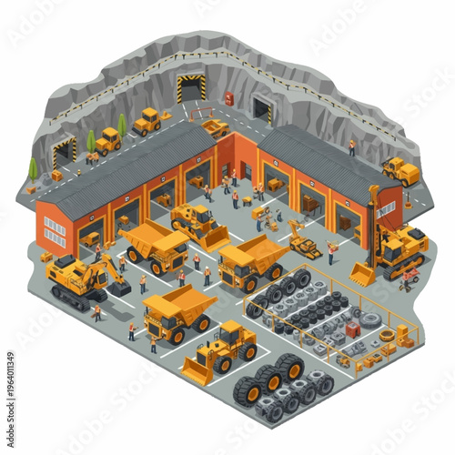 Industrial Mining Equipment and Workshop Scene.