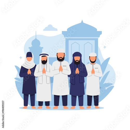 Happy Eid al-Adha Greeting From Muslim Men Standing Together In Prayer