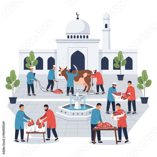 Muslim community celebrating Eid al-Adha with ritual animal sacrifice and meat distribution near mosque