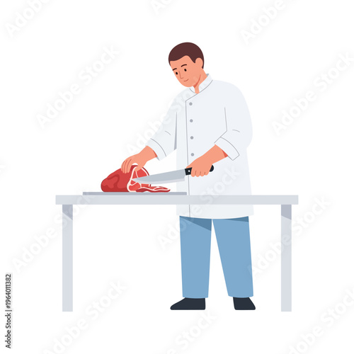 Butcher cutting meat for Eid al-Adha celebration and food preparation