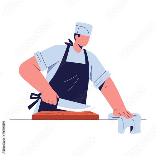 Chef preparing food for Eid al-Adha celebration with knife and cloth