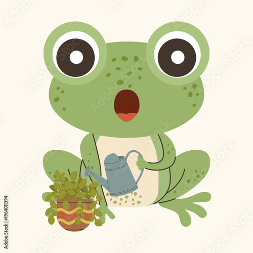 Surprised sage green frog character watering a green houseplant in a decorative pot. Cute flat vector illustration for gardening lovers, plant shop stickers, and nursery decor. Isolated on beige.