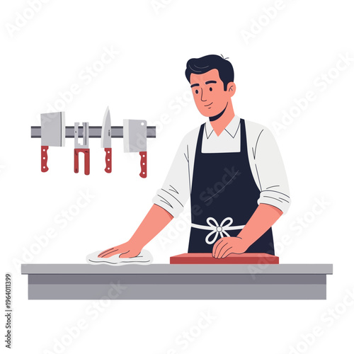 Butcher preparing for Eid al-Adha by cleaning his counter and knives