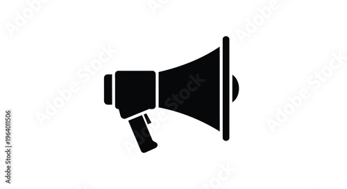 A stark black silhouette depicts a vintage style megaphone angled slightly to the right on a white background high quality professional