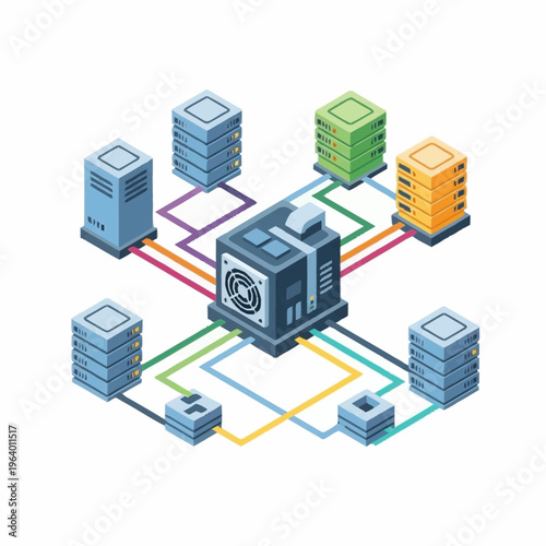 Isometric Data Center Network with Connected Servers and Storage Units.