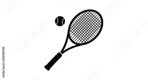 A simple black and white illustration depicts a tennis racket and ball showcasing equipment for the sport high quality professional detailed