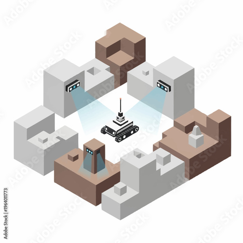 Isometric illustration of a futuristic robot surveying a modular, block-like environment with advanced sensors.