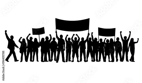 Crowd protest silhouette vector people demonstration with banner isolated on white background social activism concept