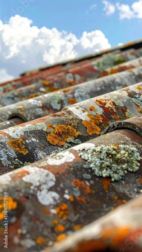 Close-up of a weathered, moss-covered roof under a blue sky