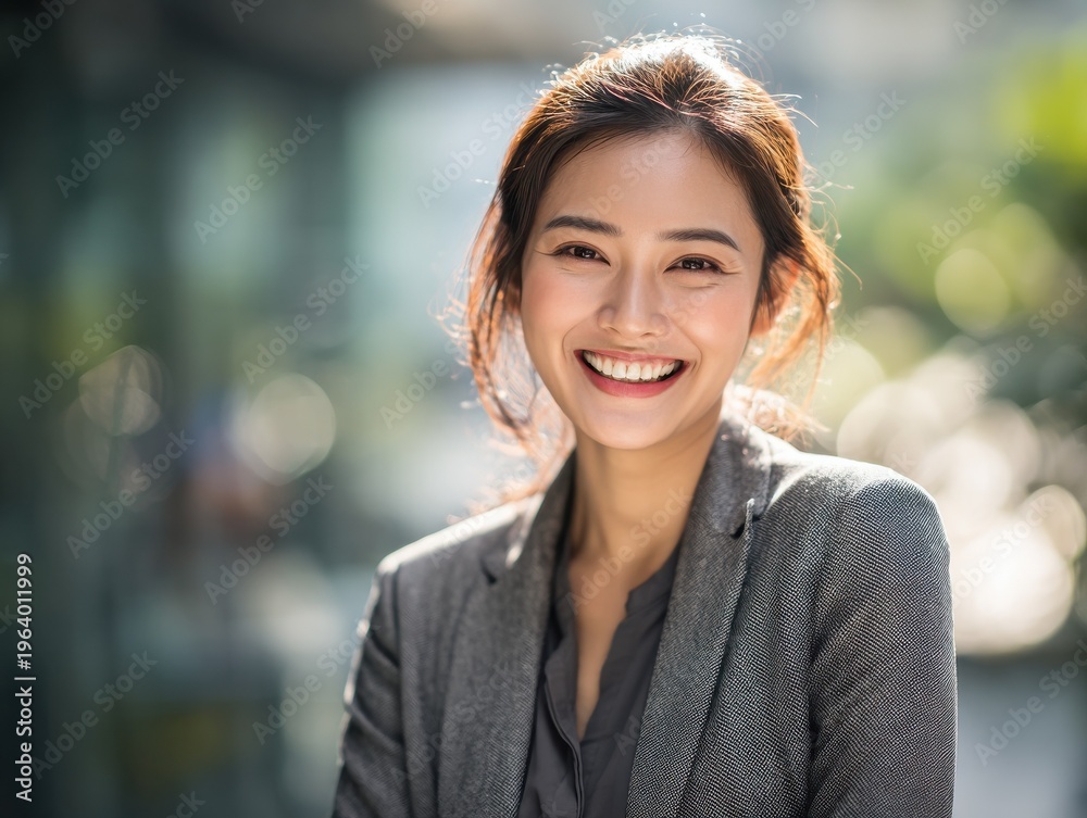 Obraz premium professional asian businesswoman smiling on a blured office background with natural sunlight