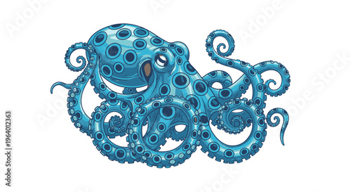 Blue octopus with curled tentacles underwater.