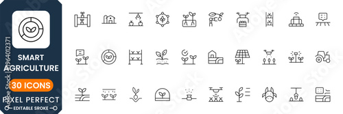 Smart agriculture icon set featuring precision farming, IoT technology, automated irrigation, digital farming, agritech innovation