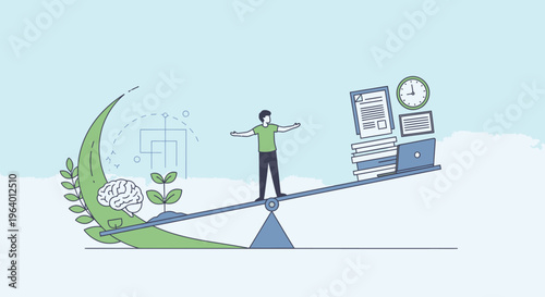 A man balances on a seesaw with a plant and brain on one side and books, computer, and clock on the other against a blue background with white clouds.