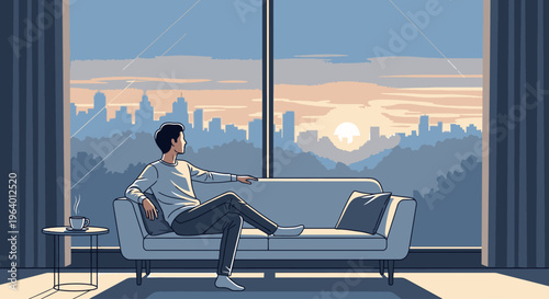 Man sitting on a couch looking out a large window at a city skyline during sunset with a calm and serene mood.