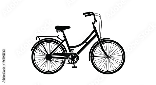 A minimalist black silhouette depicts a classic bicycle with curved frame handlebars a seat and wheels high quality professional detailed modern