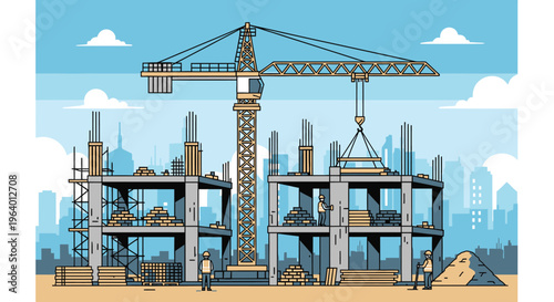 Construction site with crane and workers.