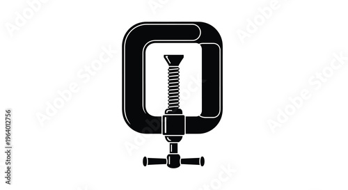 A stark black and white illustration depicts a c clamp a common tool used for holding or fastening objects securely
