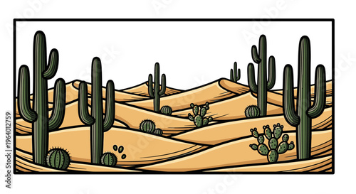 Desert landscape with many cacti plants.