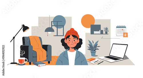 A young woman sitting at a desk with a laptop and coffee in a cozy, modern home office with warm tones and various decorative items.