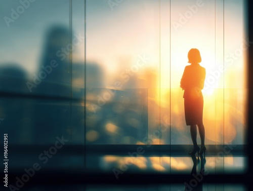 businesswoman window city view on a blured office background with natural sunlight