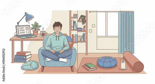 A man sits cross-legged on a chair in a cozy home office with a laptop, books, and a bean bag chair on a rug.