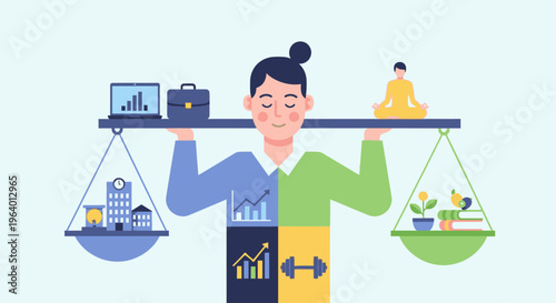 Illustration of a smiling woman balancing work and life on a seesaw with office and meditation symbols.