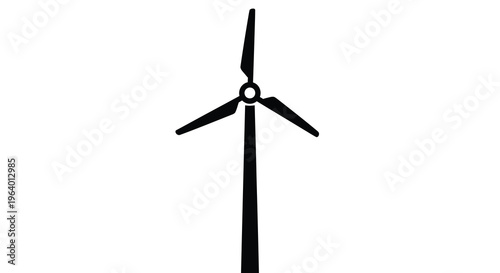 A stark black silhouette of a three bladed wind turbine stands vertically against a solid white background high quality professional detailed