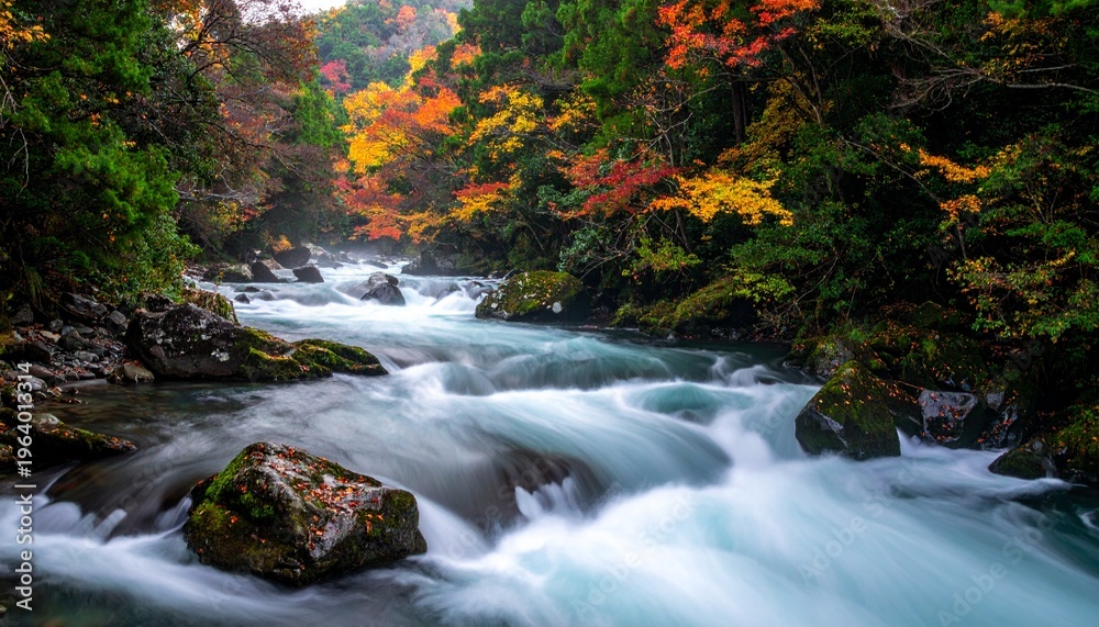 Fototapeta premium 日本の秋の渓谷を流れる清流と紅葉の絶景
