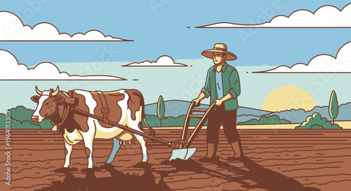 Man plowing field with brown cow 3.