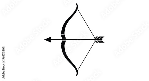 A stark black silhouette depicts a classic bow and arrow centrally positioned on a clean white background high quality professional detailed