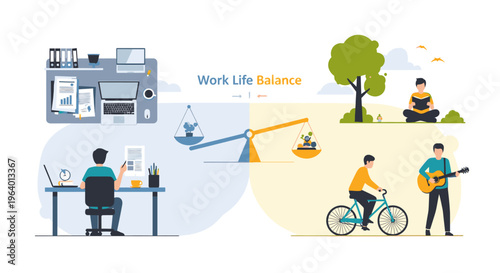 Illustration of people balancing work and leisure activities in a colorful graphic with a tree and various objects.