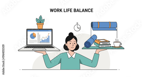 Illustration of a woman balancing work and leisure items on her hands with a laptop and yoga mat in a simple graphic style.