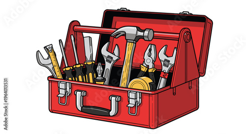 Red toolbox with various tools inside.