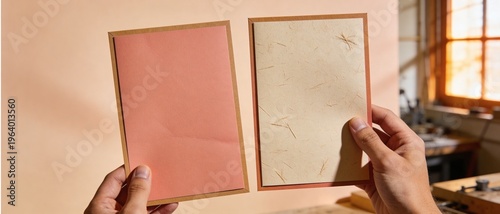 Two blank invitation cards held by hands for wedding stationery mockup against a soft peach background with warm natural lighting and realistic paper texture