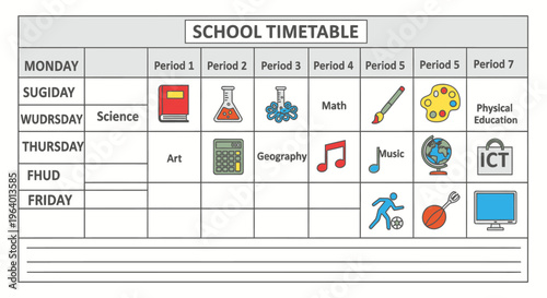 School timetable with various subjects icons.