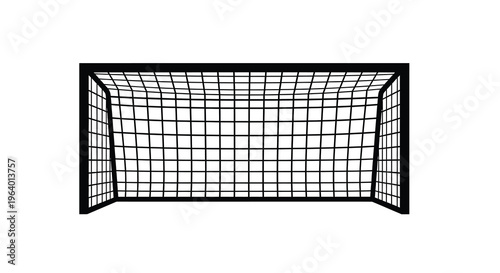 A stark black and white illustration depicts a soccer goal with a tightly woven net isolated on white high quality professional