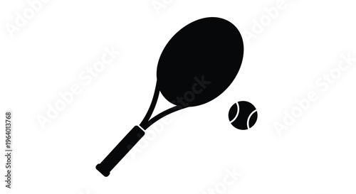 A stark black silhouette depicts a tennis racket poised above a tennis ball showcasing the sport s equipment high quality professional