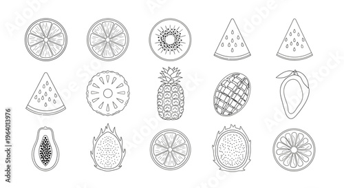 Variety of fruit slices and icons.