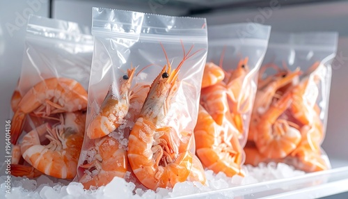 Frozen shrimp in plastic bags on ice