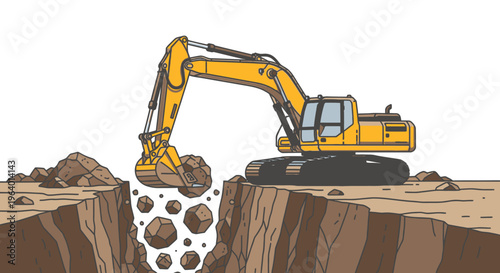 Yellow excavator digging into cliff face.