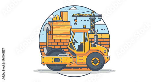 Yellow road roller construction vehicle machine.