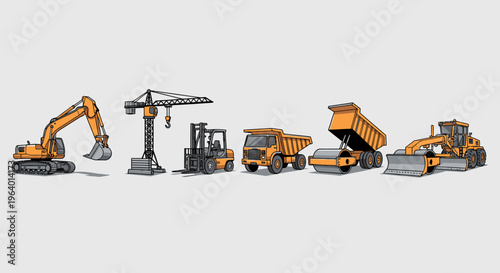 Yellow construction vehicles in a row.