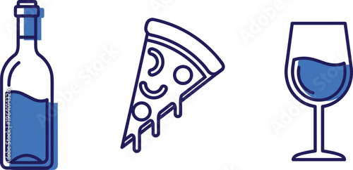 Bottle of wine, slice of pizza with melting cheese, and glass of red wine on transparent background.