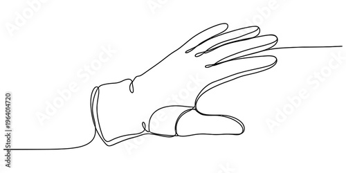 A single continuous line drawing of a protective glove worn on a human hand against white background