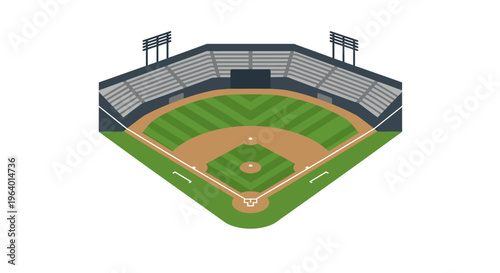 Detailed Isometric Illustration of a Classic Baseball Field and Stadium, Featuring Green Grass Outfield, Dirt Infield, Bases, and Empty Grandstands for Sports Concept Designs