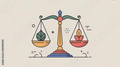 Balanced scales with leaf and flower symbols on each side representing harmony and nature